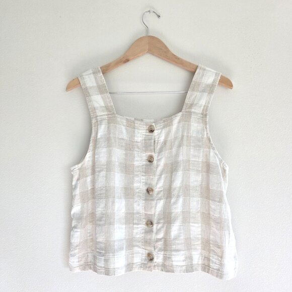 Madewell Gingham Linen Button Back Crop Top Undyed Natural Color Square Neckline - Picture 5 of 7